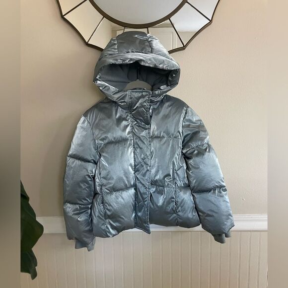 Gap Kids Girls Light Blue Metallic Shiny Puffer Coat Size Small - Picture 2 of 10